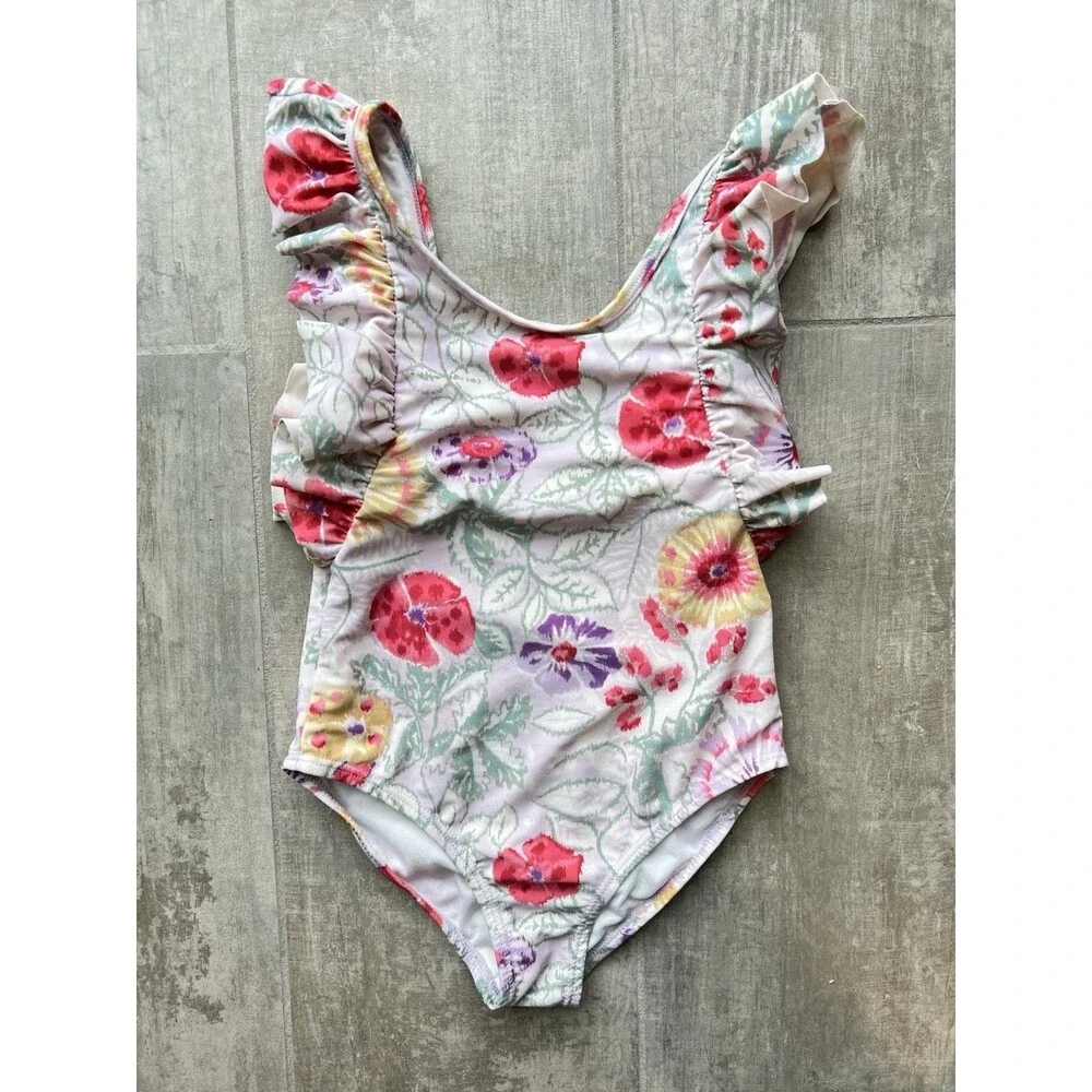 Girls One Piece Ruffle Floral Hawaiian Print Watercolor Cute Beach Swim S 5-6